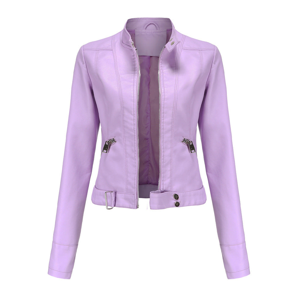 Women's fitted faux leather biker jacket with stand collar, long sleeves and zipped pockets