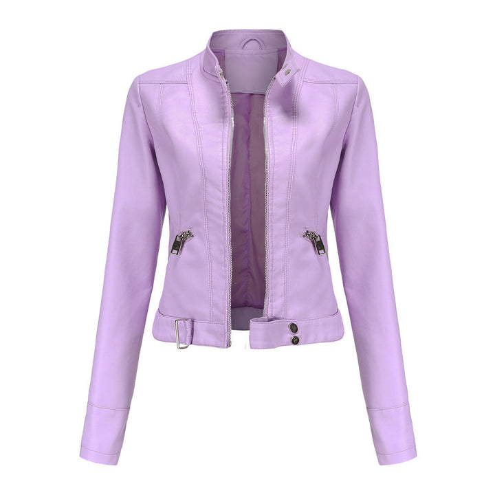 Women's fitted faux leather biker jacket with stand collar, long sleeves and zipped pockets