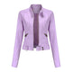 Women's fitted faux leather biker jacket with stand collar, long sleeves and zipped pockets