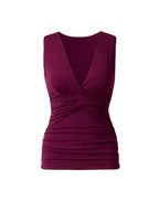 Women's burgundy sleeveless ruched wrap top