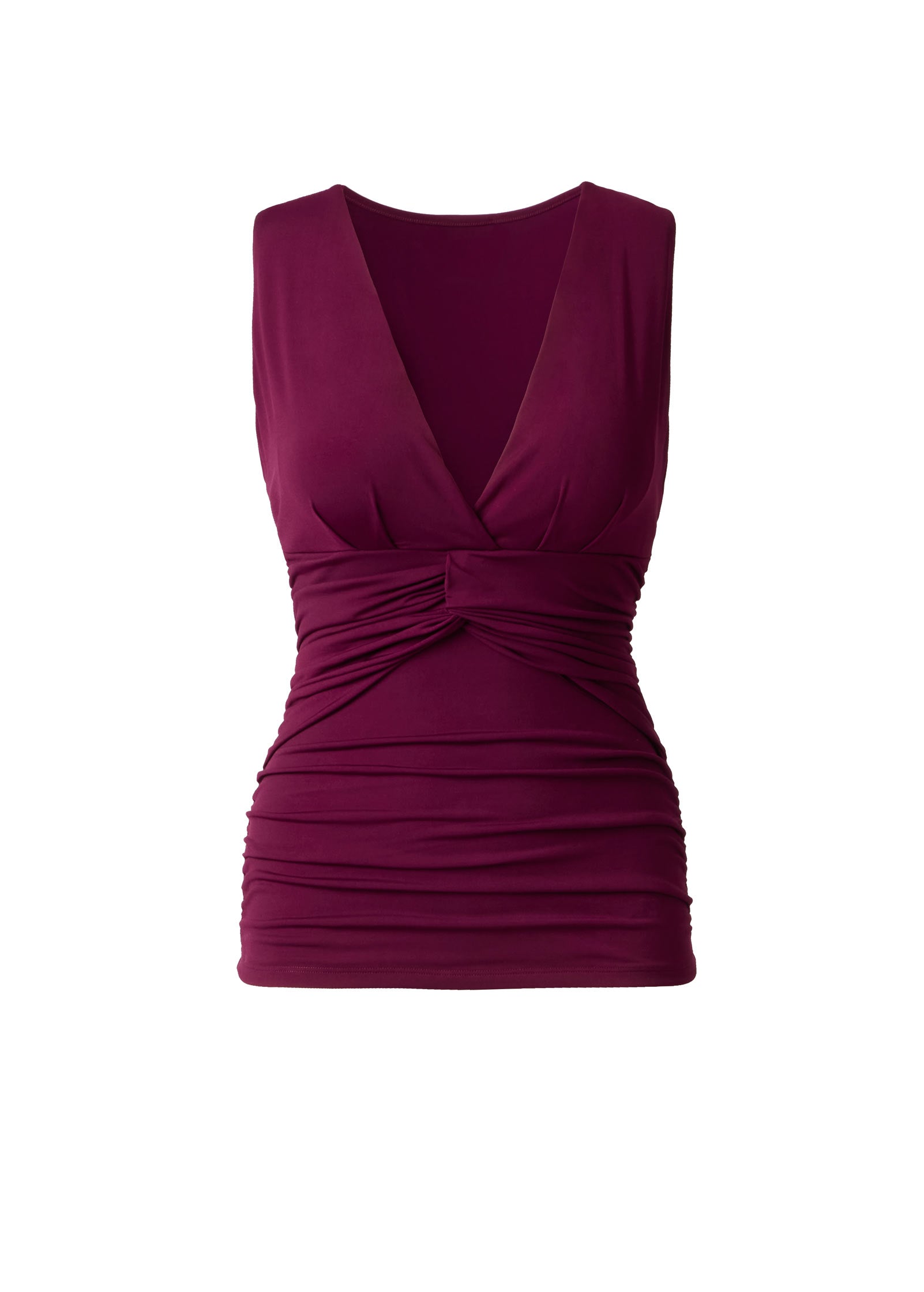 Women's burgundy sleeveless ruched wrap top