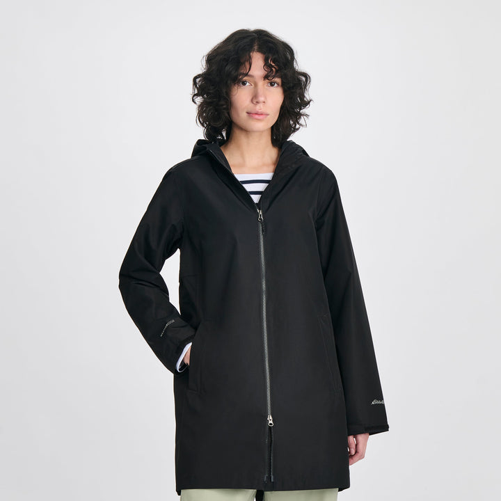 Women's hooded mid-thigh trench coat with long sleeves and zip fastening