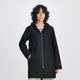 Women's hooded mid-thigh trench coat with long sleeves and zip fastening