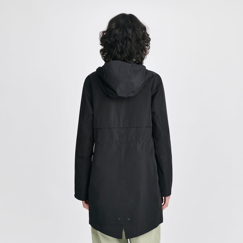 Women's hooded mid-thigh trench coat with long sleeves and zip fastening