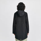 Women's hooded mid-thigh trench coat with long sleeves and zip fastening