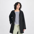 Women's hooded mid-thigh trench coat with long sleeves and zip fastening