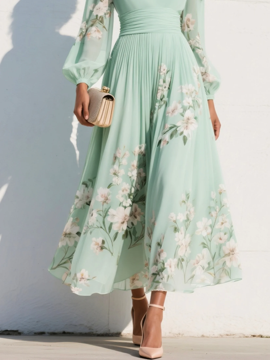 Light green floral pleated midi dress with V-neck and long sleeves