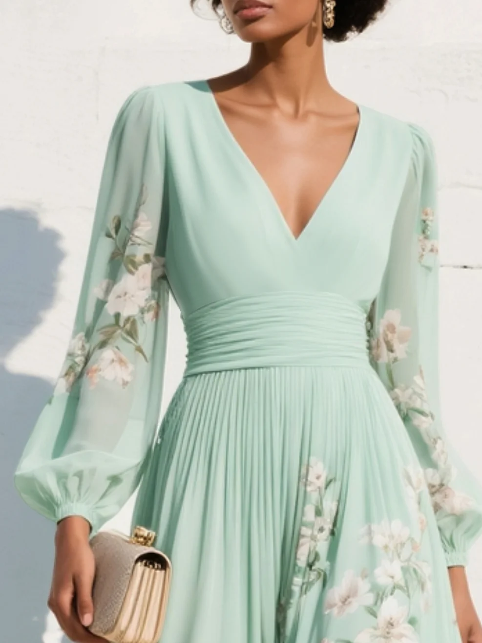 Light green floral pleated midi dress with V-neck and long sleeves