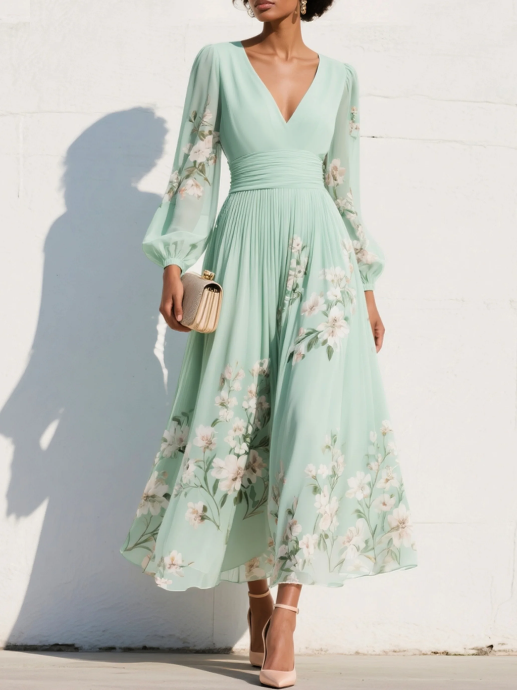 Light green floral pleated midi dress with V-neck and long sleeves