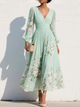 Light green floral pleated midi dress with V-neck and long sleeves