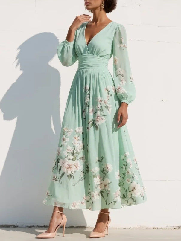 Light green floral pleated midi dress with V-neck and long sleeves