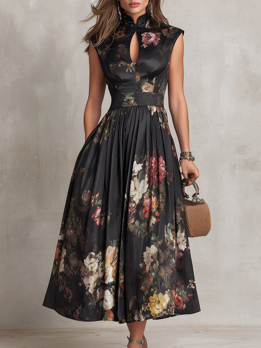 Women's black floral pleated midi dress with Mandarin collar and keyhole neckline