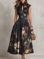 Women's black floral pleated midi dress with Mandarin collar and keyhole neckline