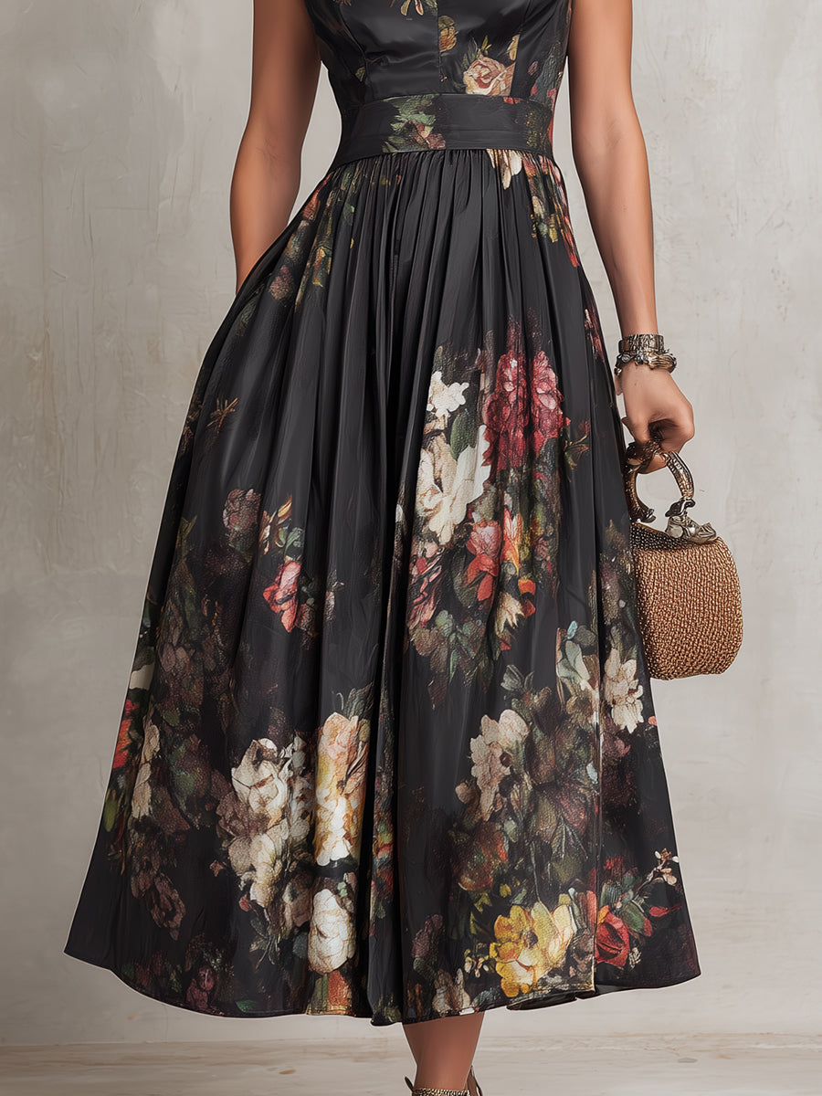 Women's black floral pleated midi dress with Mandarin collar and keyhole neckline