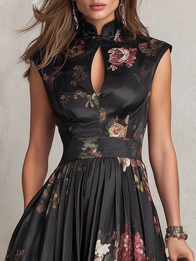 Women's black floral pleated midi dress with Mandarin collar and keyhole neckline