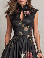 Women's black floral pleated midi dress with Mandarin collar and keyhole neckline