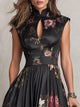 Women's black floral pleated midi dress with Mandarin collar and keyhole neckline