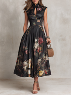 Women's black floral pleated midi dress with Mandarin collar and keyhole neckline