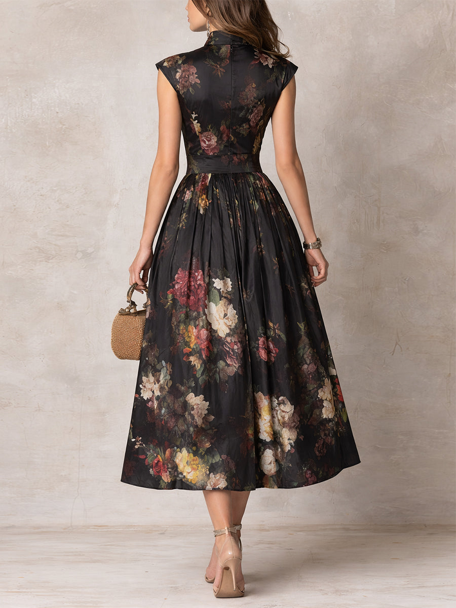 Women's black floral pleated midi dress with Mandarin collar and keyhole neckline