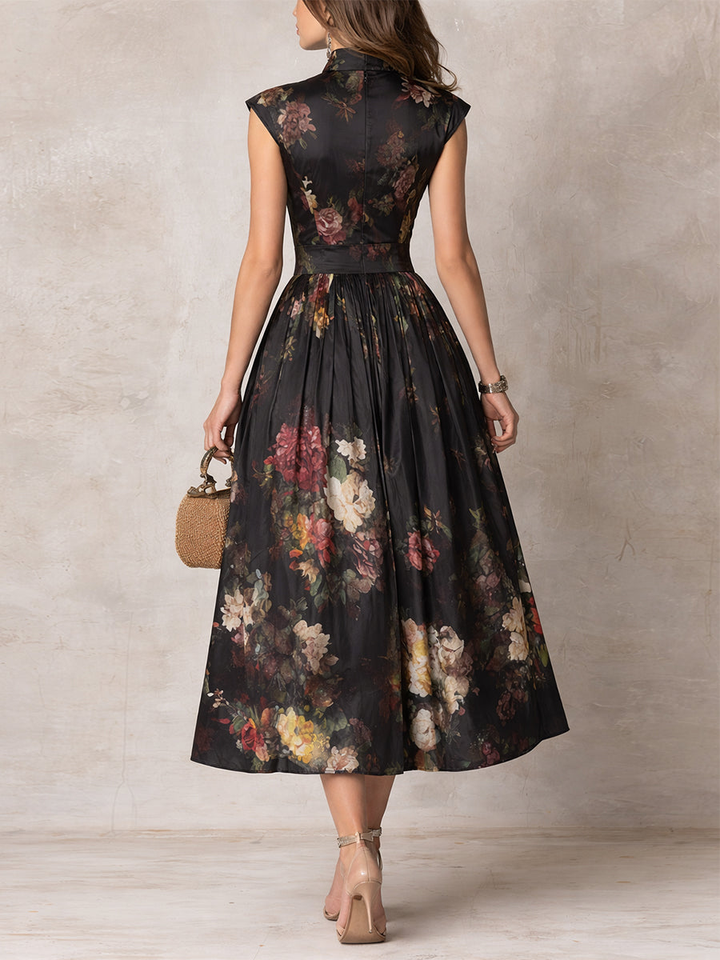 Women's black floral pleated midi dress with Mandarin collar and keyhole neckline