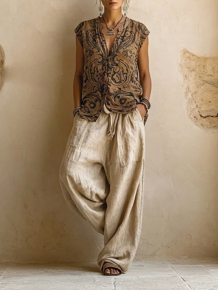 Woman wearing three-piece set with taupe button shirt, patterned scrollwork vest and cream wide-leg trousers