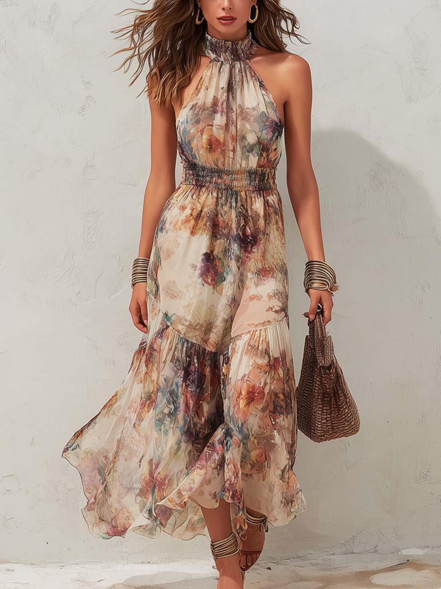 Women's floral halter midi dress with smocked waist