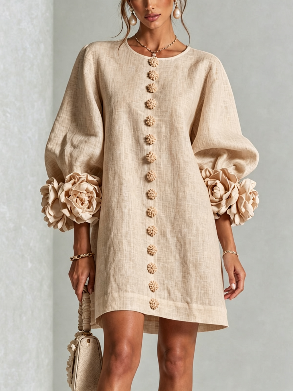 Textured button-down mini dress with long balloon sleeves and floral cuffs