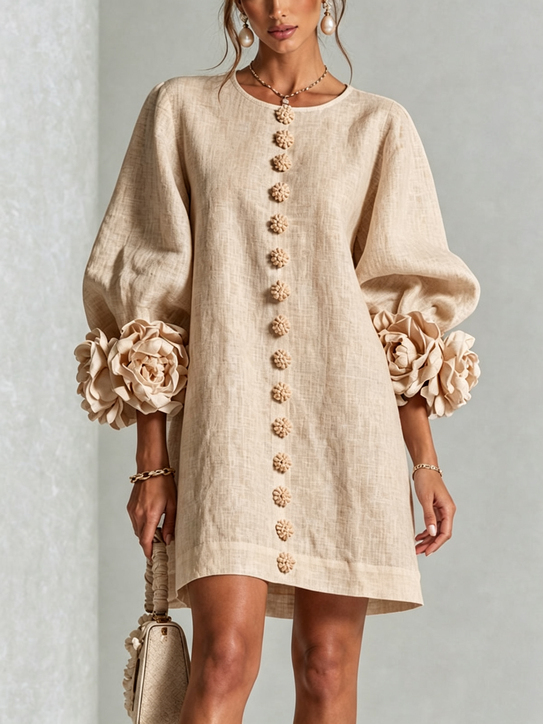 Textured button-down mini dress with long balloon sleeves and floral cuffs