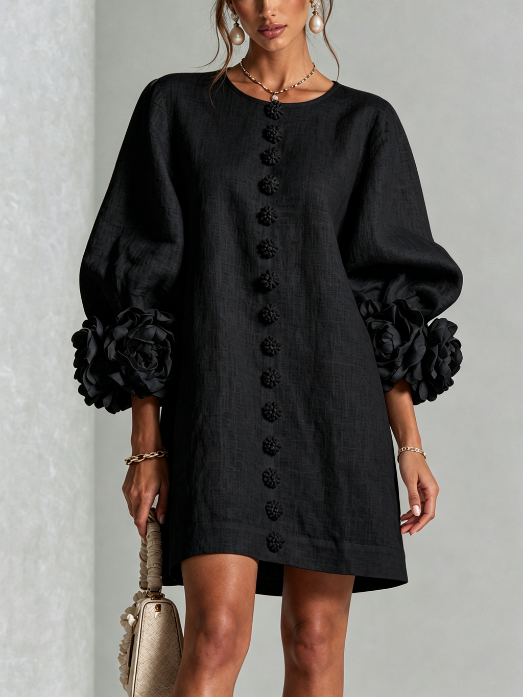 Textured button-down mini dress with long balloon sleeves and floral cuffs