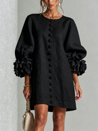Textured button-down mini dress with long balloon sleeves and floral cuffs