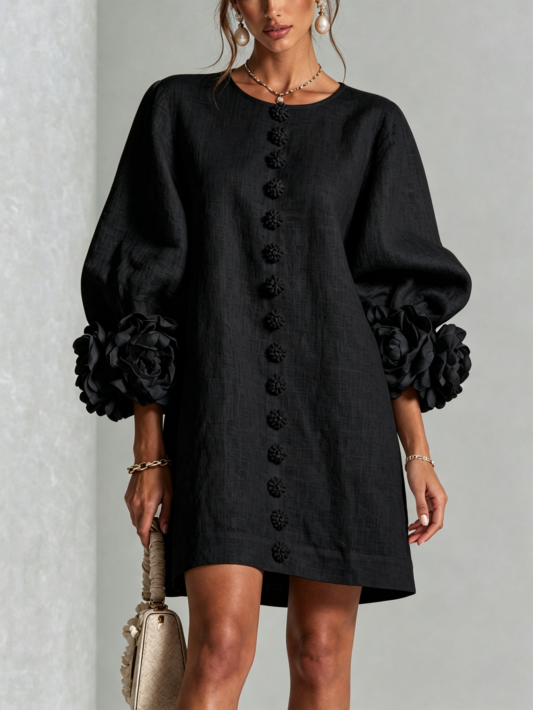 Textured button-down mini dress with long balloon sleeves and floral cuffs