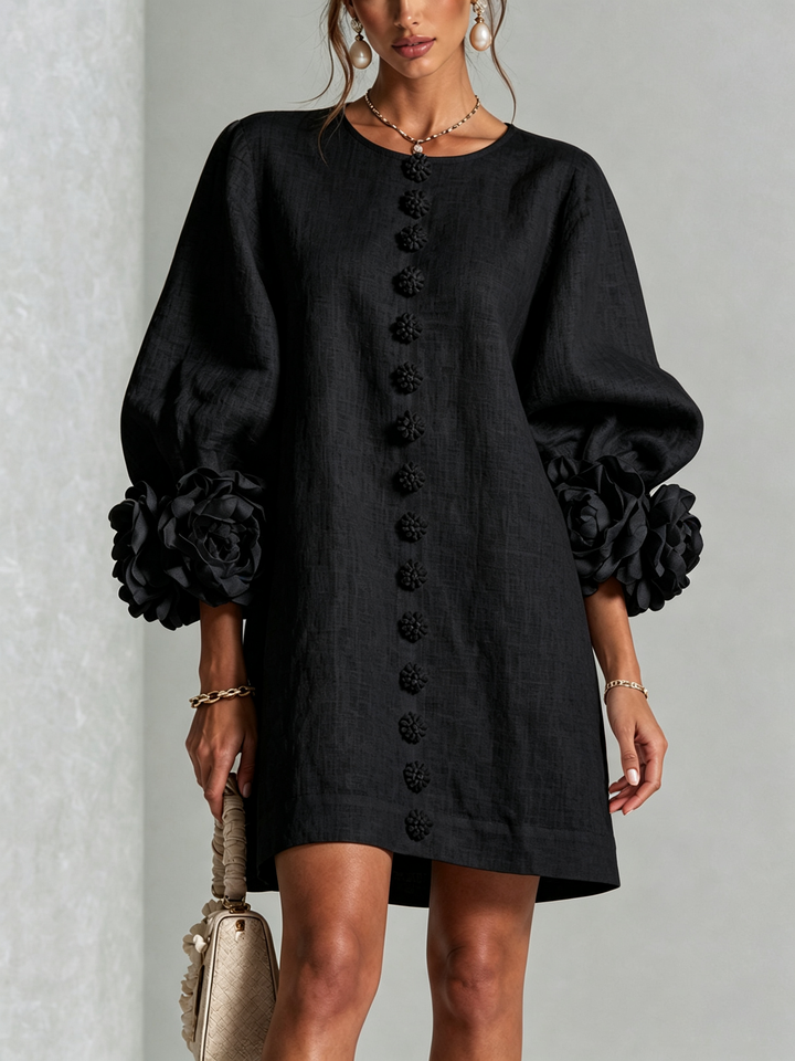 Textured button-down mini dress with long balloon sleeves and floral cuffs