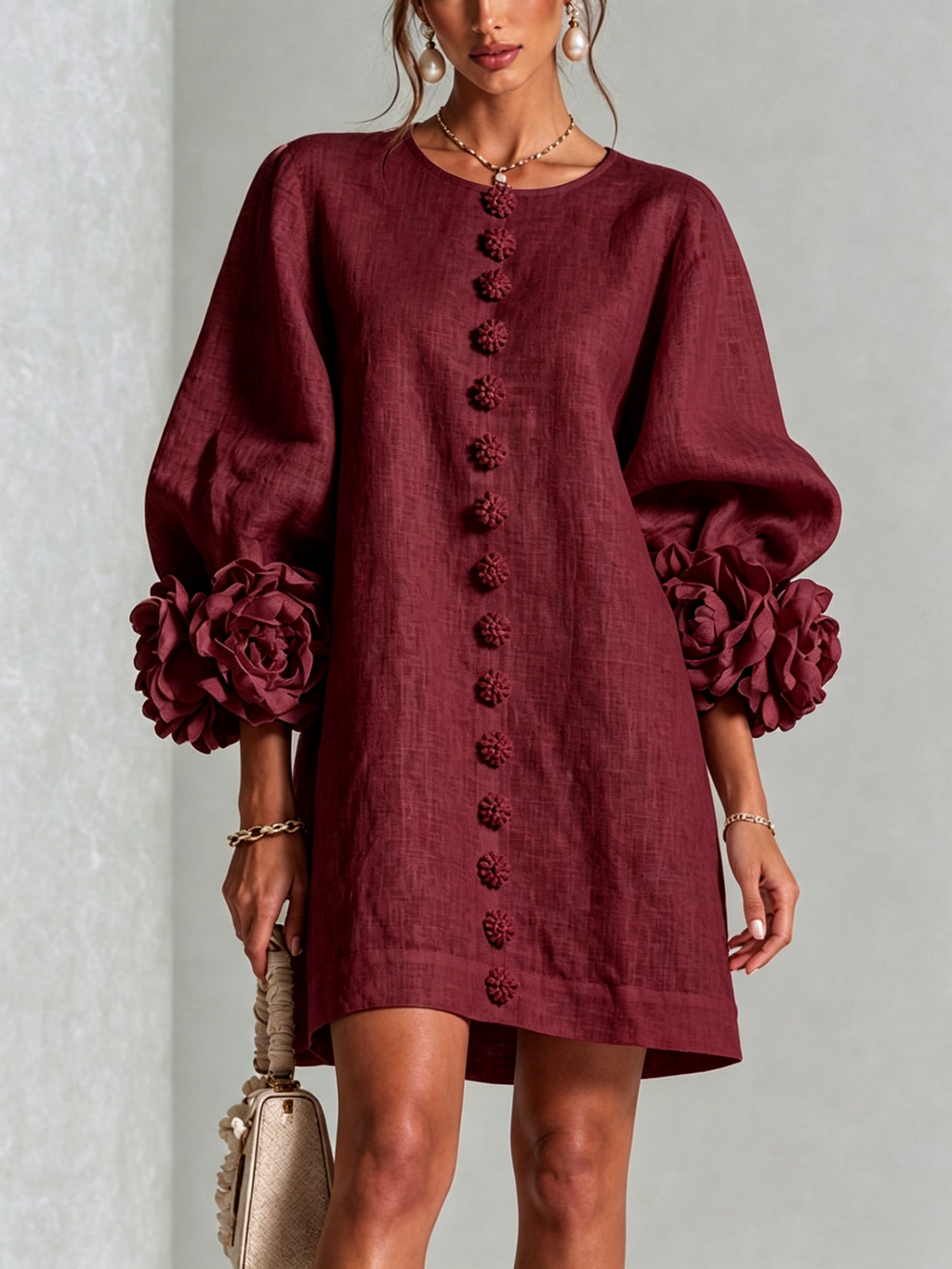 Textured button-down mini dress with long balloon sleeves and floral cuffs
