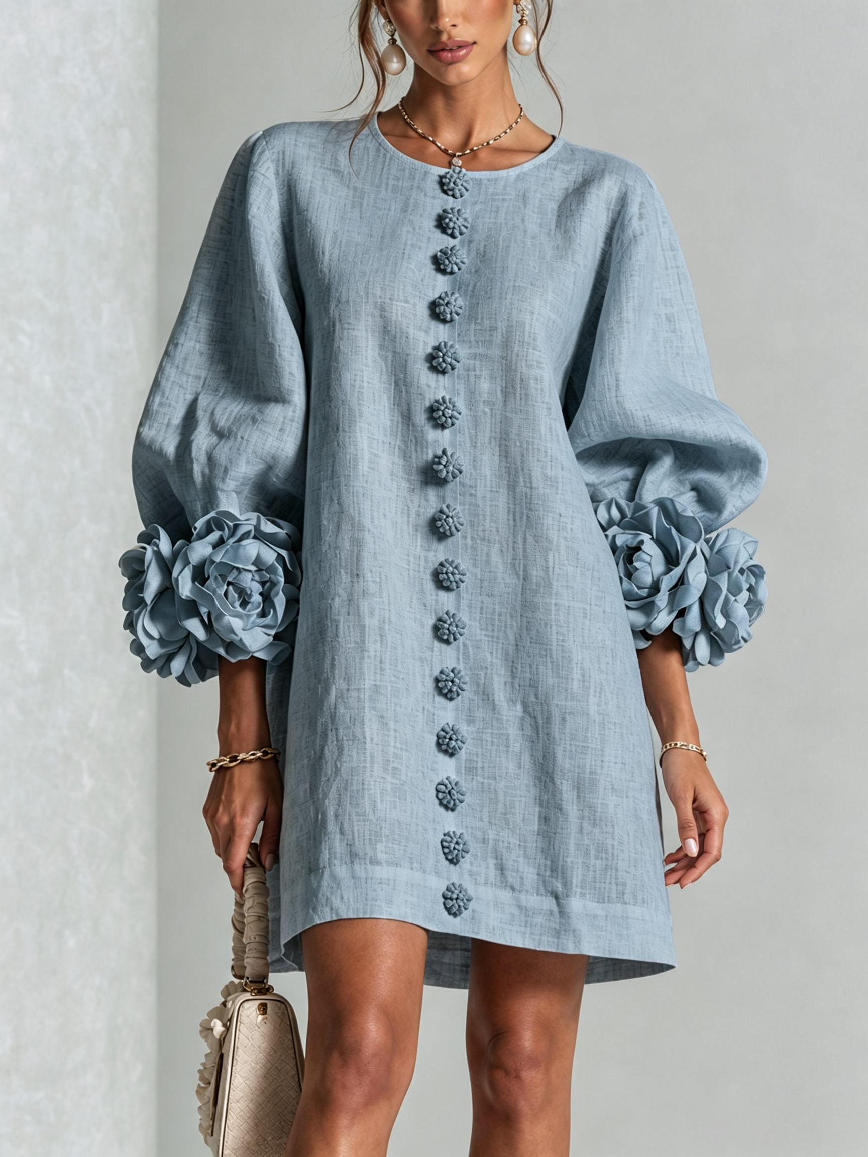 Textured button-down mini dress with long balloon sleeves and floral cuffs