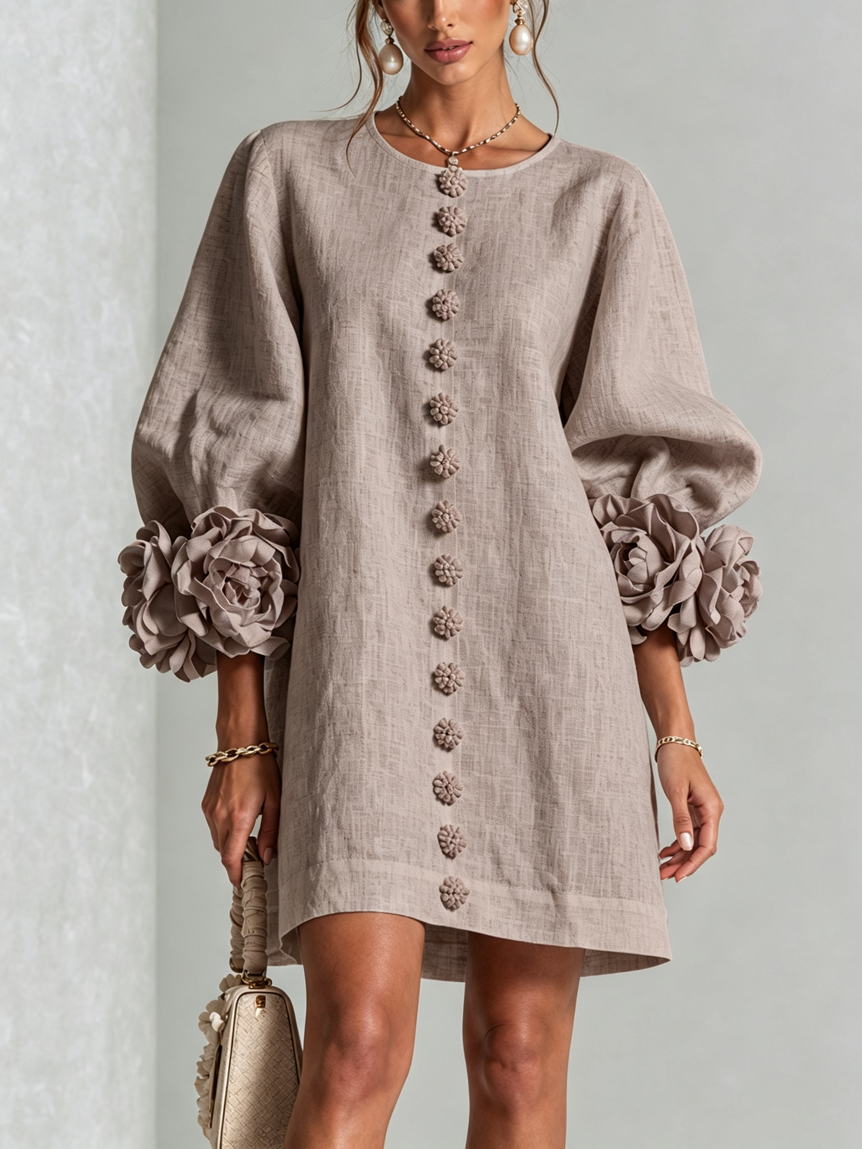 Textured button-down mini dress with long balloon sleeves and floral cuffs