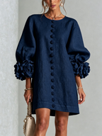 Textured button-down mini dress with long balloon sleeves and floral cuffs