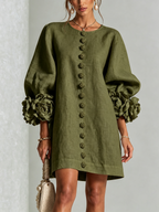 Textured button-down mini dress with long balloon sleeves and floral cuffs