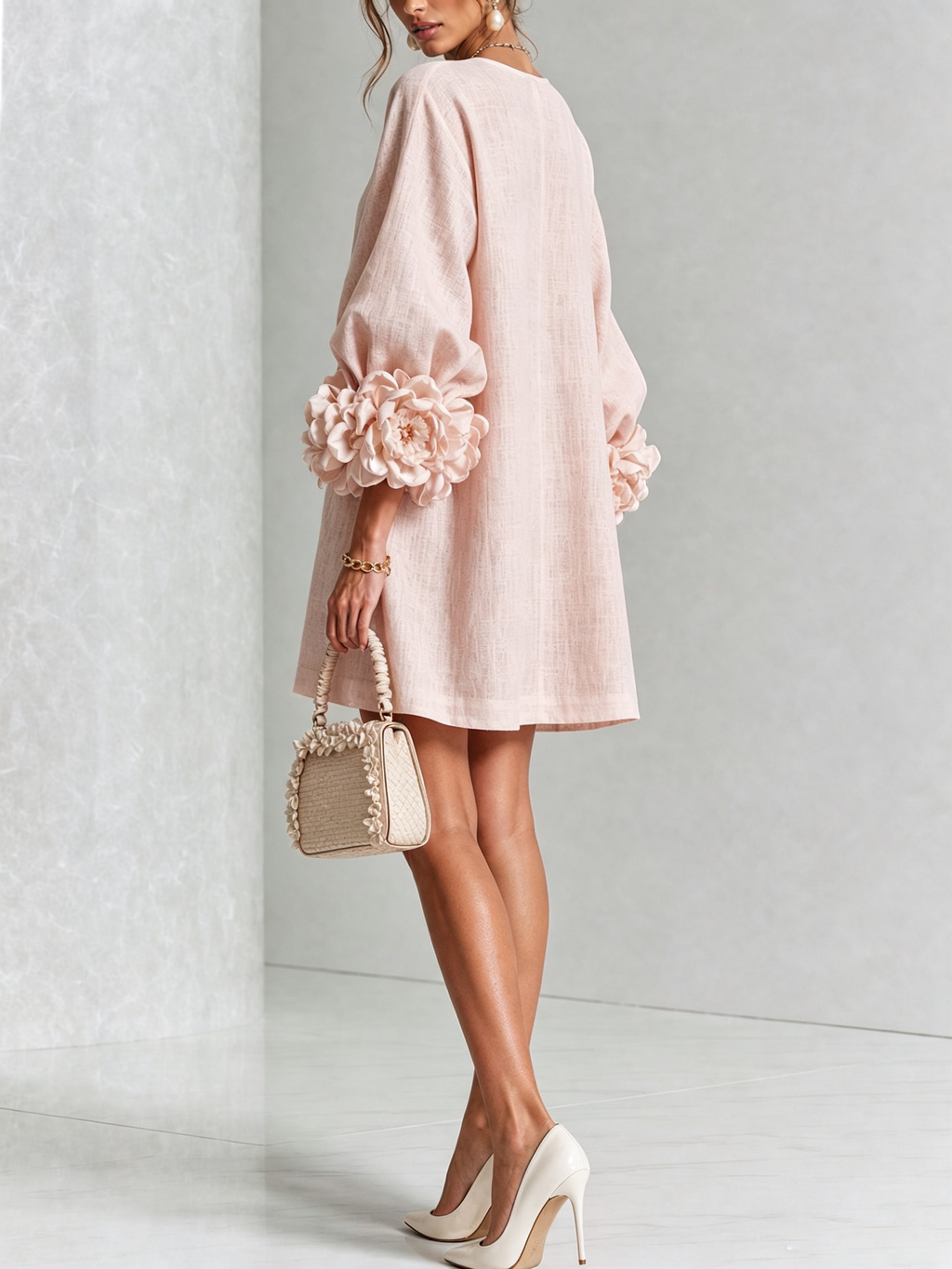 Pink mini dress with long sleeves, flower buttons and large floral cuffs