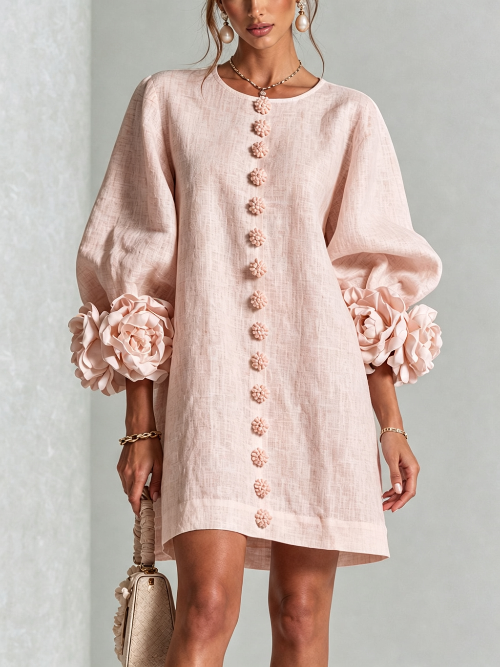 Textured button-down mini dress with long balloon sleeves and floral cuffs