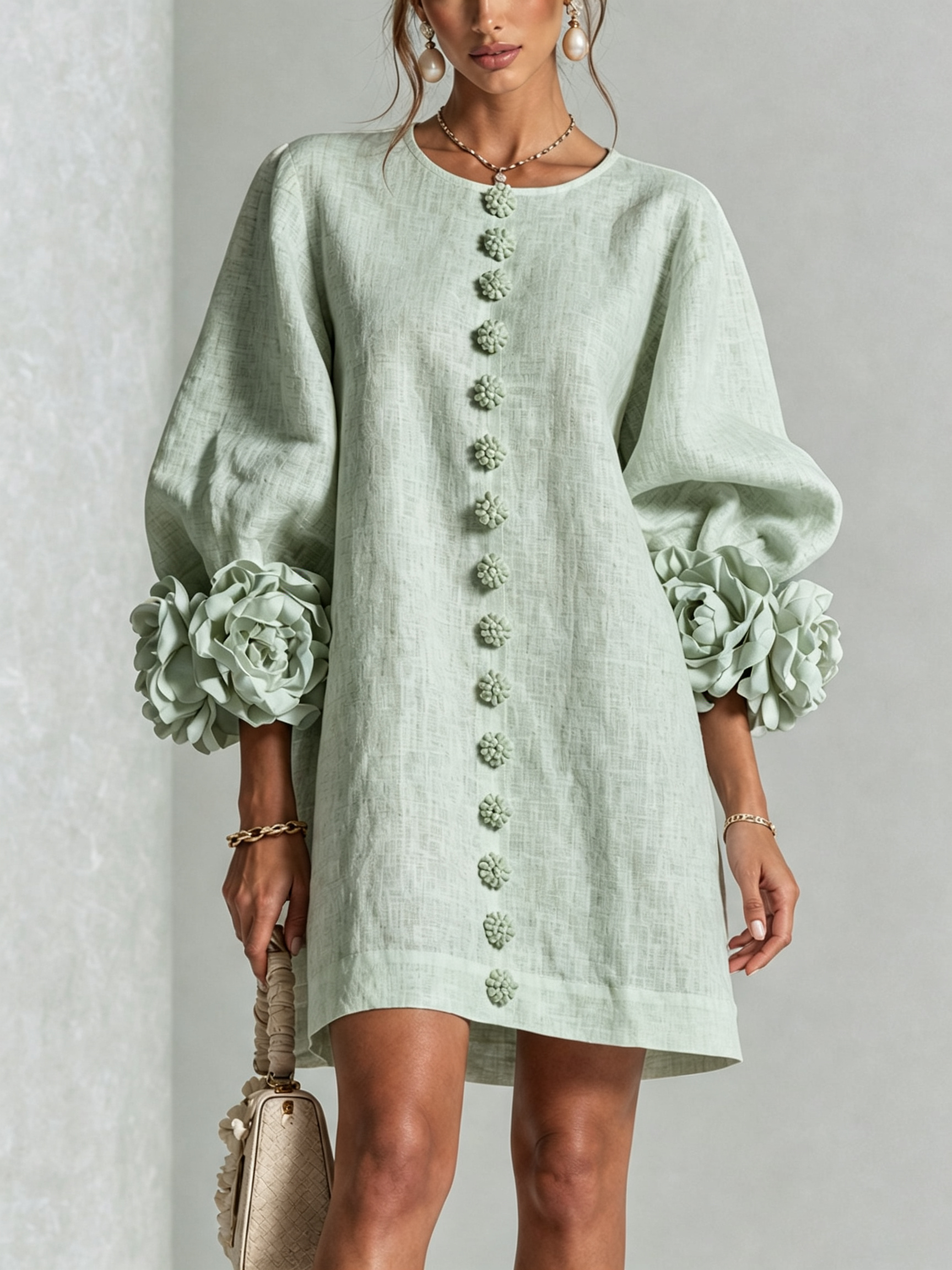 Textured button-down mini dress with long balloon sleeves and floral cuffs