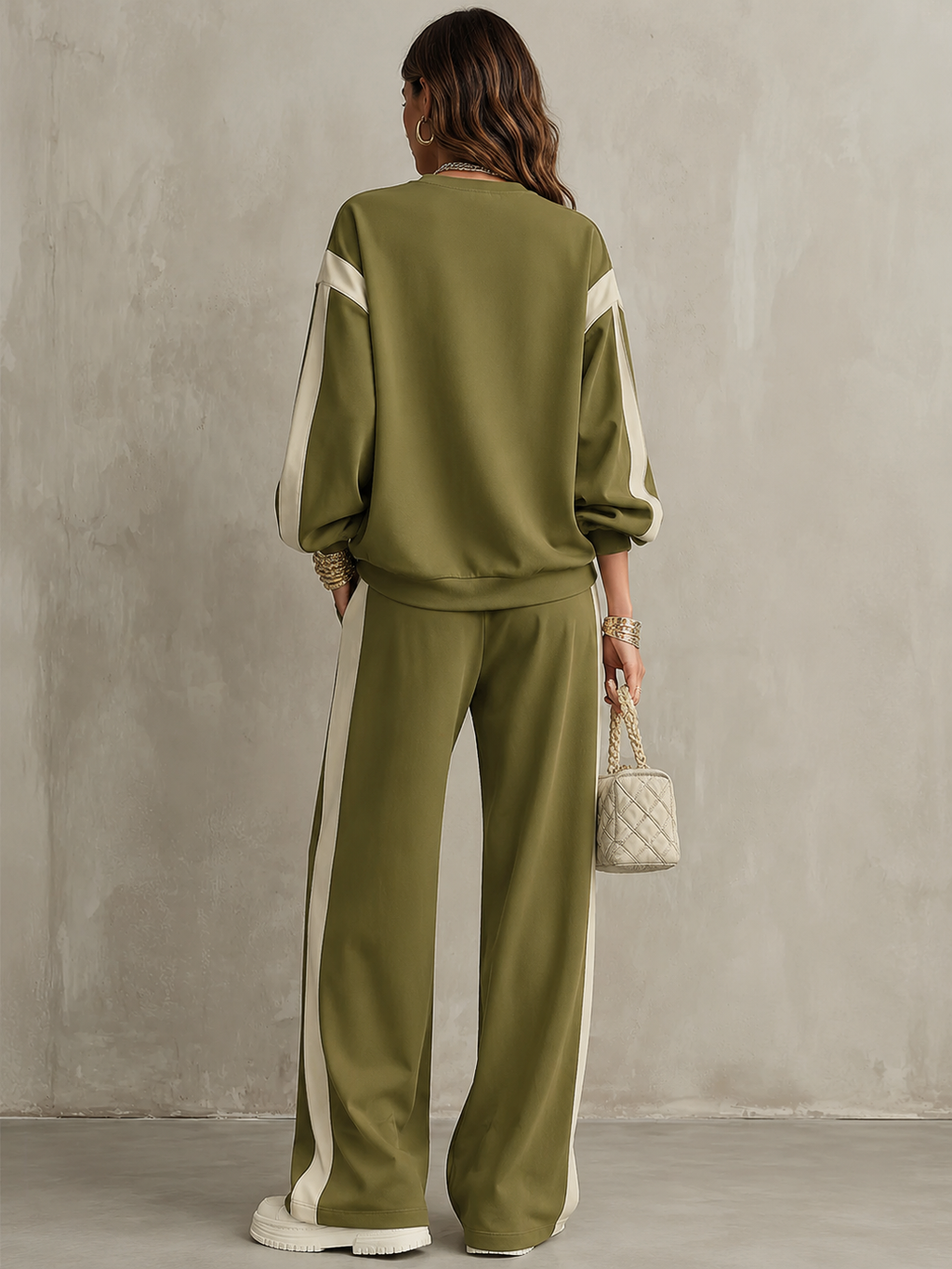 Women's olive sweatshirt and wide-leg trouser co-ord set