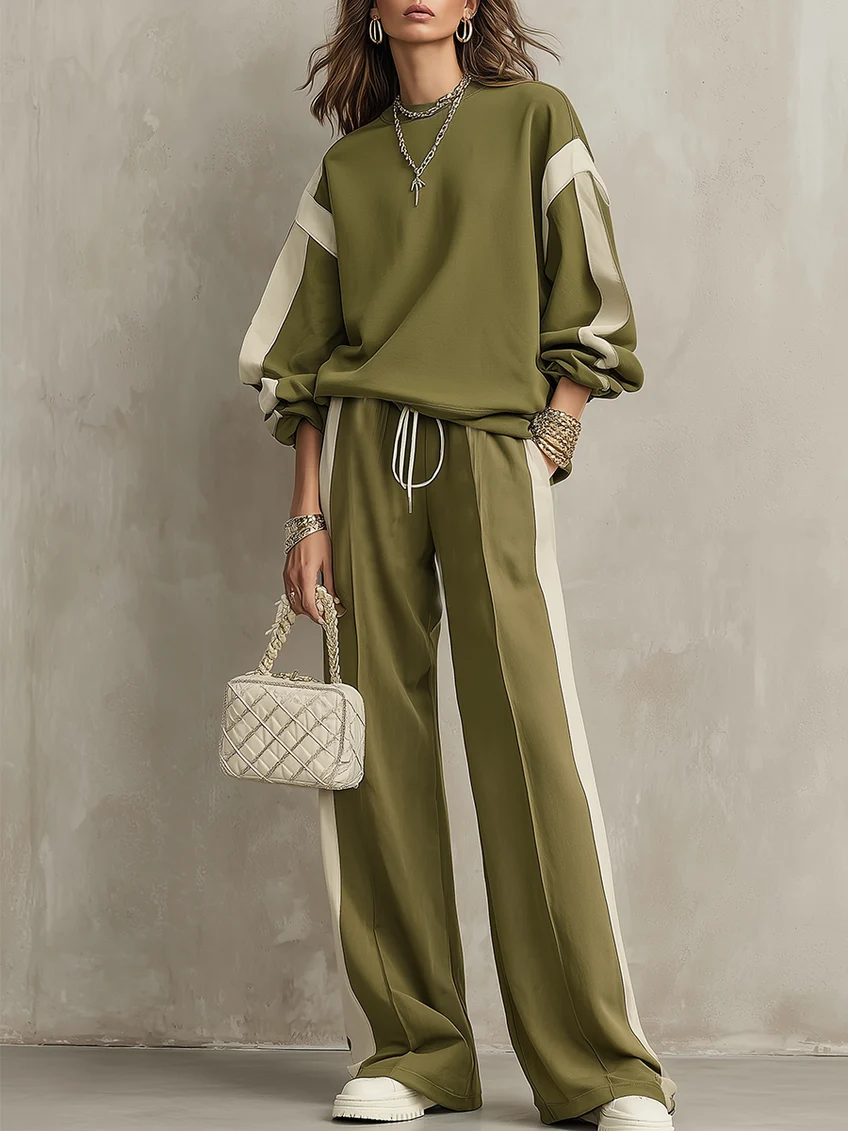Women's olive sweatshirt and wide-leg trouser co-ord set