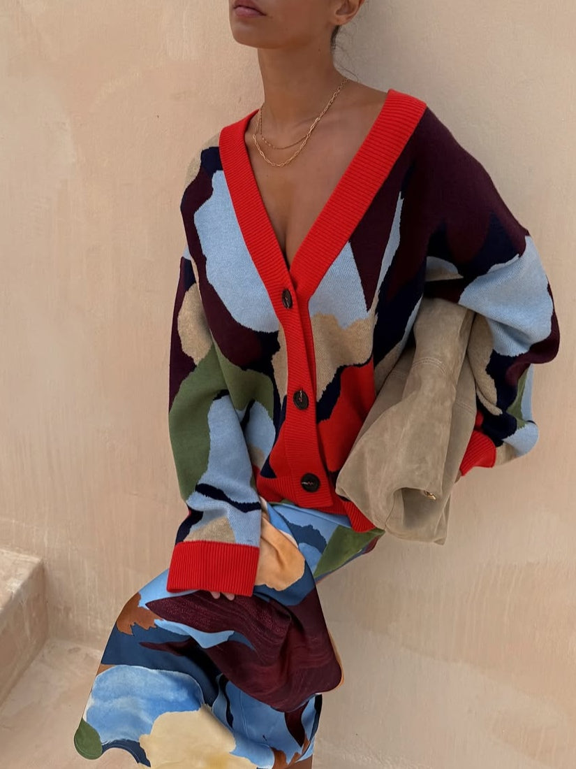 Women's multicolour geometric knit cardigan with V-neck