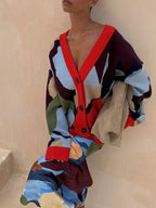 Women's multicolour geometric knit cardigan with V-neck
