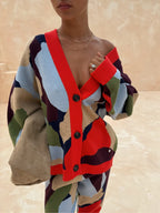 Women's multicolour geometric knit cardigan with V-neck