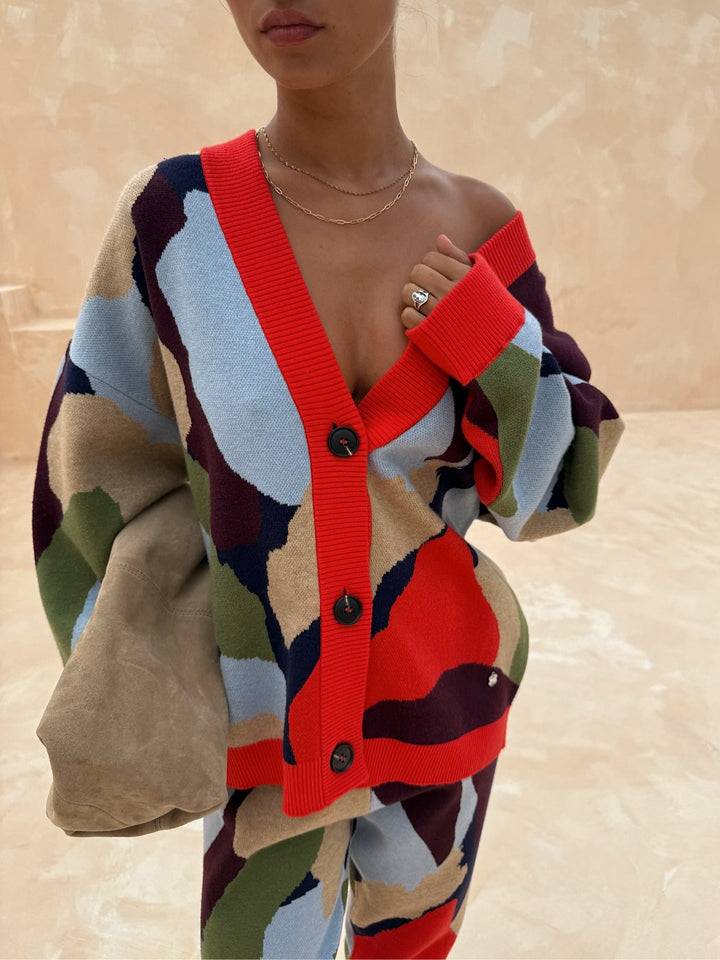 Women's multicolour geometric knit cardigan with V-neck