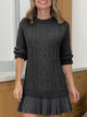 Women's cable-knit mini sweater dress with crew neck, long sleeves and pleated hem