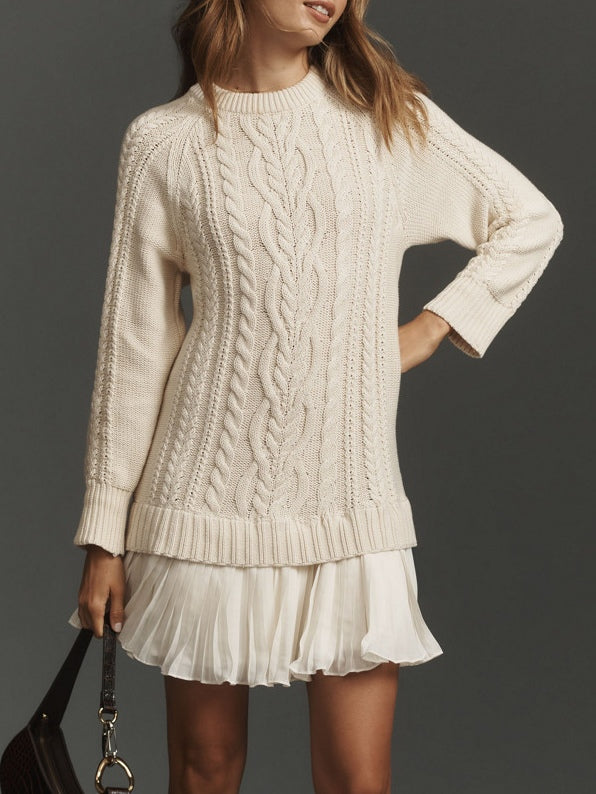 Women's cable-knit mini sweater dress with crew neck, long sleeves and pleated hem
