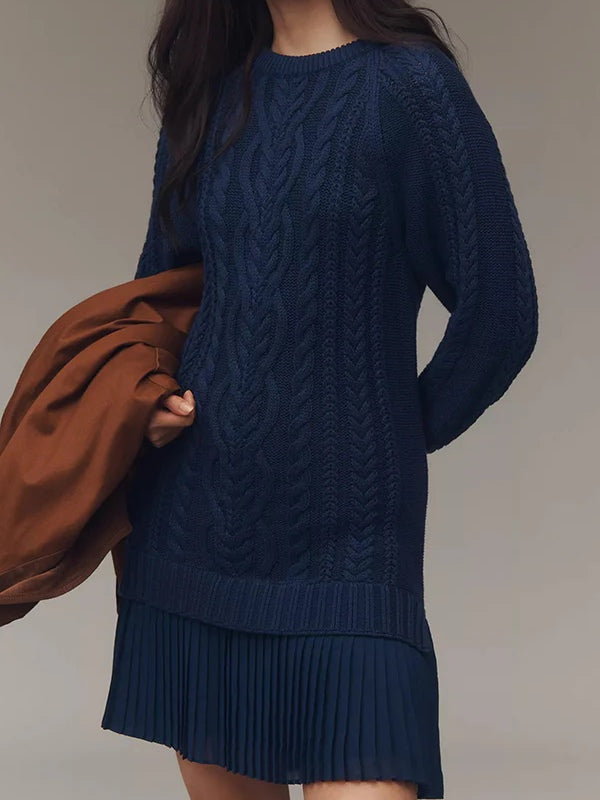 Women's cable-knit mini sweater dress with crew neck, long sleeves and pleated hem
