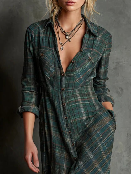 Women's checked shirt maxi dress with lapel collar, long sleeves and button front